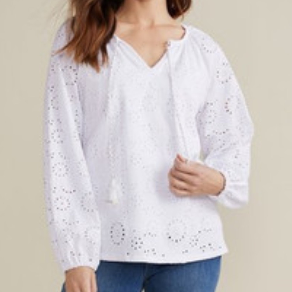 Soft Surroundings 2X White Tasseled Long Sleeve Rhiannon Eyelet Peasant Top NWOT